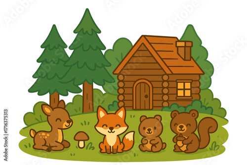 Cute woodland animals collection by a cozy log cabin. Forest friends cartoon vector set. Deer, fox, bear cub, and squirrel characters for kids. Tranquil nature scene.