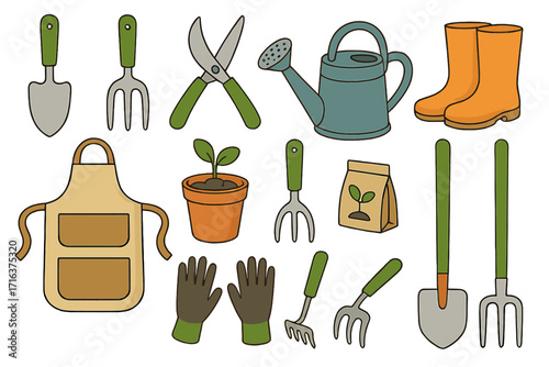 Gardening tools and equipment set for planting and garden maintenance. Vector illustration collection includes shovel, rake, boots, and watering can for horticulture hobby.