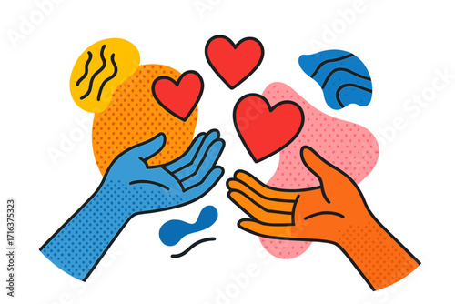 Hands sharing floating hearts. Trendy halftone collage for Valentines or Mothers Day. Contemporary vector for social media. Concept of love, charity, donation, support.