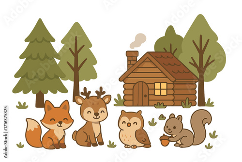 Cute woodland animals vector set. Forest creatures cartoon collection. Adorable fox, deer, owl, squirrel characters. Log cabin in woods illustration for kids nursery design.