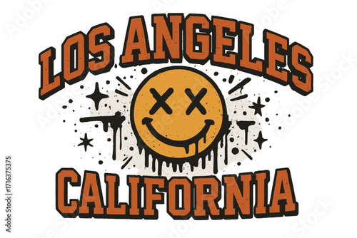 Vintage grunge Los Angeles California varsity college style typography with urban graffiti smiley face emoji, trendy retro slogan print for graphic tees, streetwear design