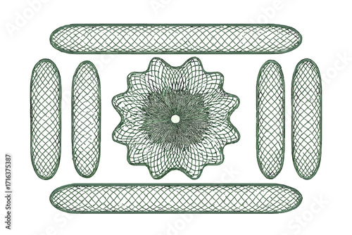 Guilloche pattern rosette for banknote design. Security element for certificate, voucher, or money. Sophisticated ornamental grid with wavy lines. Abstract vector watermark.