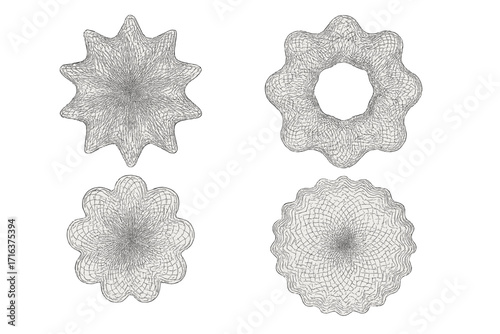 Guilloche rosette set for currency certificate design. Vector elements for security, banknotes, diplomas. Protective ornamental line art watermark. Spirograph pattern.