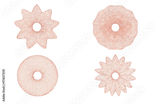 Guilloche security rosettes set for money and certificate. Vector watermark elements for banknote, diploma, voucher. Geometric protection pattern for document reliability.