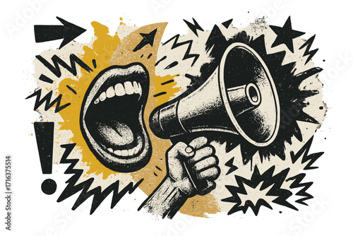 Halftone grunge collage with mouth yelling in loudspeaker. Sale announcement or protest concept. Graffiti vintage elements on retro poster. Agitation, propaganda, marketing news.