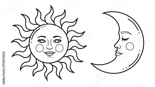Mystical bohemian line art illustration of the celestial sun and moon with faces, symbolizing the cosmic duality of day and night
