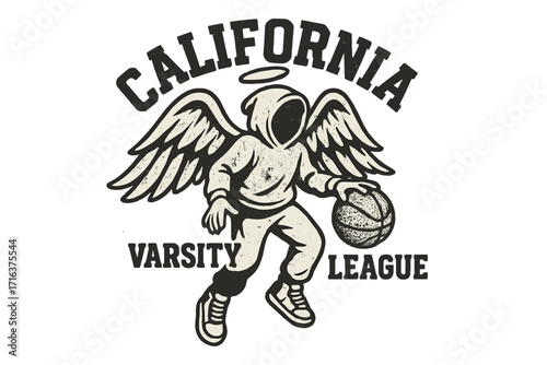 Vintage varsity style vector artwork featuring a graffiti-textured angel playing basketball with wings and halo, California varsity league sports design illustration