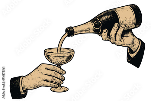 Vintage New Year party celebration poster with hands pouring champagne from bottle into glass, retro halftone vector illustration, festive drink and toast concept