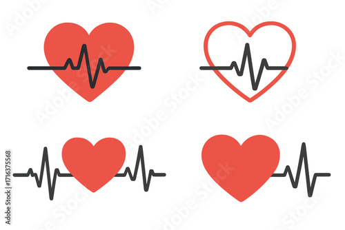 Heartbeat line with red heart icon set. Cardiogram, ECG EKG pulse wave. Medical cardiology concept. Health care, heart rate rhythm monitor. Life and love symbol vector.