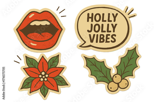 Vintage paper halftone sticker collage with open mouth, holly jolly vibes Christmas wishes, festive speech bubble, doodle style happy holiday quotes, retro seasonal decoration
