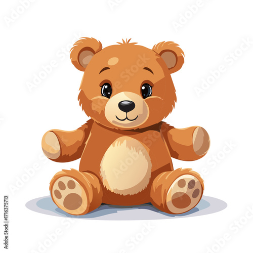 Cute brown teddy bear stuffed animal toy sitting, a cartoon vector illustration of a friendly plush character
