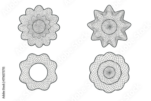 Watermark guilloche rosette elements set, digital security design, linear vector illustration for certificates, vouchers, protective wave pattern, anti-counterfeit decoration