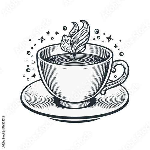 Engraved style cup with aromatic tea and leaf illustration featuring swirling liquid and star sprinkles