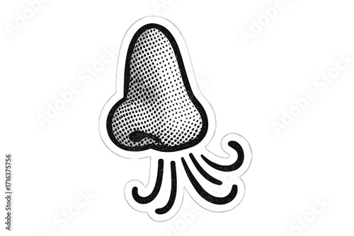 Nose icon in halftone style. Concept of breathing, sense of smell, inhaling, exhaling. Vector sticker for aroma, scent, odor, fragrance. Human respiratory organ symbol.