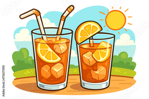 Refreshing iced tea with lemon and ice cubes in glass. Summer cold drink on a sunny afternoon. Outdoor refreshment beverage concept. Vector cartoon flat design illustration.