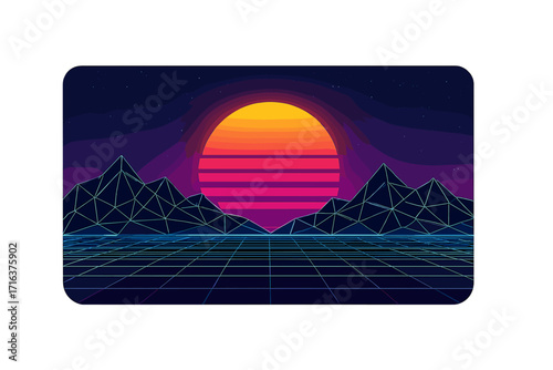 Synthwave vector background 80s style. Retrowave futuristic landscape with neon grid and wireframe mountains. Retro sun over digital world. Cyberpunk sci-fi poster art.