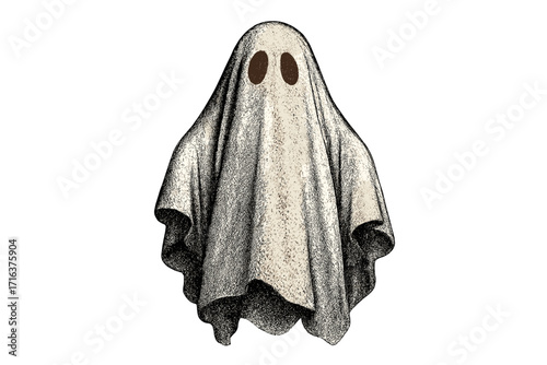 Vintage white sheet ghost with halftone dot texture, Halloween spooky cartoon illustration in 90s grunge style, realistic offset vector art for horror and festive design