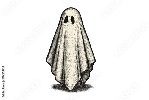 Vintage white sheet ghost Halloween vector illustration with halftone dotted texture, 90s grunge style spooky cartoon clipart for holiday decoration and costume design