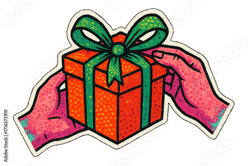 Hands giving a gift box in a colorful halftone mixed media style. Christmas present or birthday surprise concept. Vector cartoon paper collage sticker for holiday celebration design.