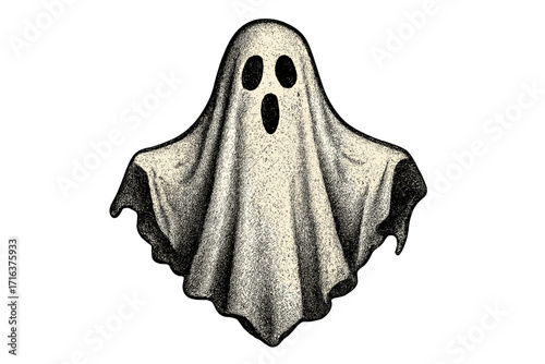 Vintage Halloween white sheet ghost vector illustration with halftone dotted texture, offset shading, 90s grunge style spooky cartoon clipart, ghostly phantom design