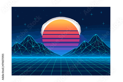 Futuristic digital world with a striped sunset over a wireframe mountain landscape. 80s retro synthwave style vector illustration. Neon grid floor and starry night sky.