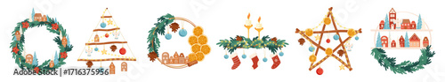 Vector set of Christmas decorations in cozy folk style Handmade wreaths, wooden stars, festive garlands with oranges, pine cones, candles, winter houses for holiday cards, posters and seasonal design