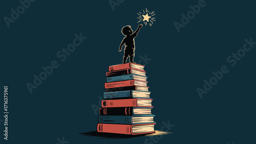 Child reaching for star atop stack of books symbolizing knowledge and aspiration