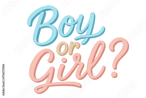 Boy or Girl gender reveal party invitation design. Baby shower celebration lettering. Cute 3D script typography for expecting parents. He or She question graphic element.