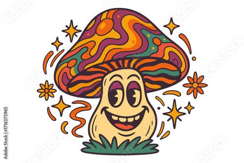 Retro groovy trippy mushroom character with funny face. Hippie psychedelic toadstool. Funky fly agaric fungus. Vintage hallucinogenic magic poison. Nostalgic 70s cartoon art.