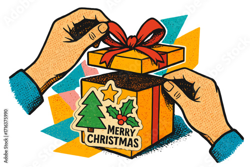 Hands opening Christmas gift box with red ribbon bow. Retro cartoon vector illustration. Surprise present for winter holiday celebration. Halftone mixed media collage design.