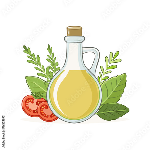 Oil decanter with tomato slices and fresh leaves, cooking ingredients vector illustration