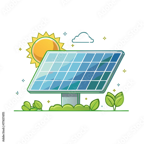 Stylized solar panel with shining sun and green leaves symbolizing clean energy