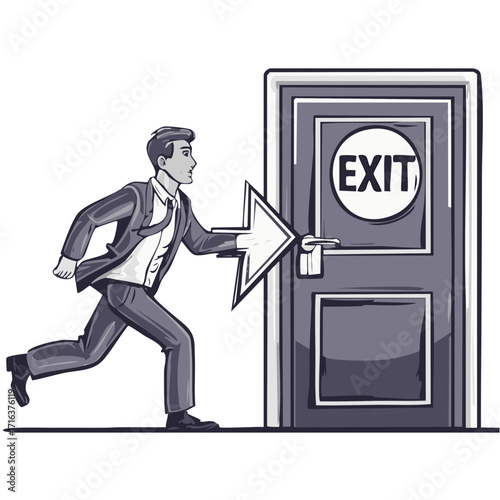 Business person rushes toward exit door, pointing arrow, escape concept illustration.