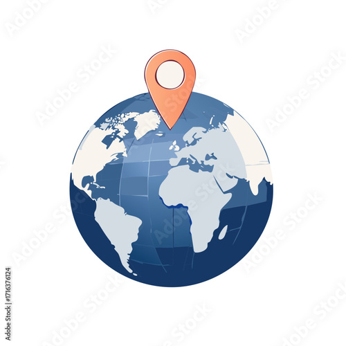 Stylized World Globe with Navigation Marker Emphasizing Global Location and Geolocation