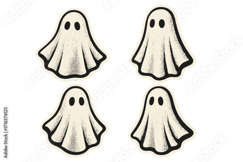 Set of four cute ghost characters for Halloween. Retro vintage style illustration with halftone texture. Spooky paranormal spirit phantom symbol for design. Vector isolated.