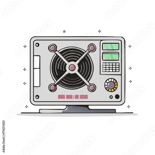 Stylized illustration of a computer power supply unit with fan and indicators