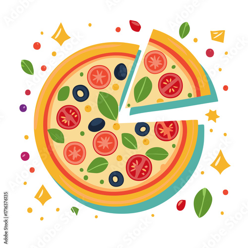 Cartoon pizza illustration with tomatoes olives and basil slice