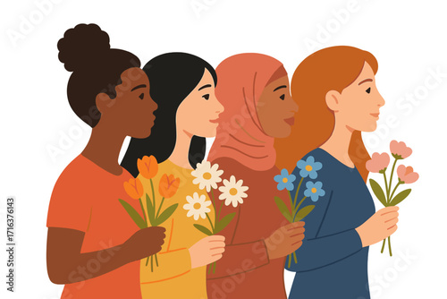 International Women's Day concept. Diverse multi-ethnic women holding flowers. Female solidarity, sisterhood, empowerment, equality, freedom, and human rights struggle poster.