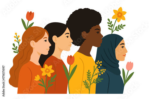 International Women's Day 8 March greeting card. Diverse women of different cultures unite for equality. Feminism, sisterhood concept for freedom, independence, empowerment.