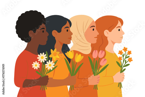 International Women's Day concept. Group of diverse women from different cultures and races. Feminism, girl power, sisterhood, equality, empowerment. March 8th greeting card design.