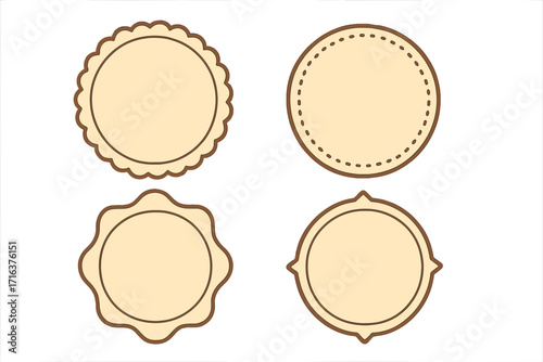 Vector set of blank vintage labels. Round retro badges collection for design. Circle sticker templates with decorative frames. Old-fashioned seal, emblem, or price tag pack.