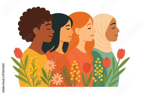 International Women's Day illustration with diverse women from different cultures. Concept for freedom, independence, equality. Sisterhood, empowerment, and female unity poster.