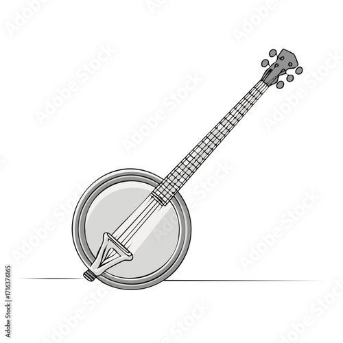 Illustration of a banjo, a stringed musical instrument with a circular body.