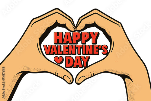 Happy Valentine's day card concept. Hands making a heart shape gesture. Love and romance symbol. Contemporary art collage with 3D message. Modern vector for decoration.
