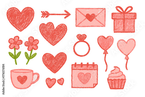 Hand drawn Valentine's Day elements set. Cute crayon doodle style. Collection of romantic love symbols, hearts, and stickers for greeting cards. Kids naive art illustration.