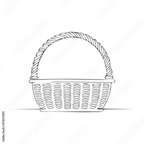 Hand drawn line art illustration of a woven basket with handle