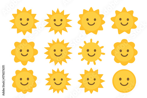 Set of cute sun icons. Yellow summer suns with smiley faces. Vector flat cartoon illustration. Happy sunshine emoji character collection for weather forecast design. Sunny day.