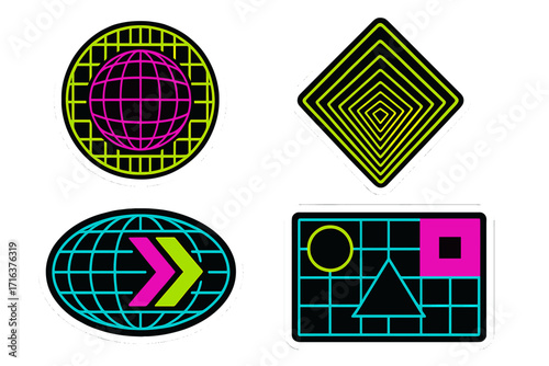 Techno streetwear print design elements. Y2K brutalist style stickers with neon grids and abstract shapes. Vector collection of retro futuristic rave and cyber punk icons.