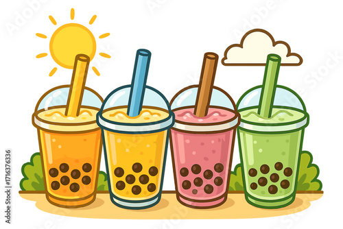 Set of colorful bubble tea drinks. Boba milk tea with tapioca pearls in plastic cups. Refreshing summer beverage concept. Vector cartoon illustration for cafe menu design.