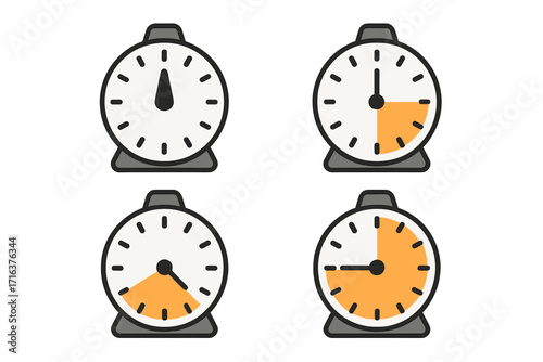 Vector timer and clock icon set. Countdown illustration with different time intervals. Concept for time management, deadline, stopwatch, kitchen timer, cooking. Flat design.